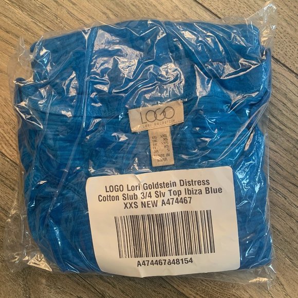 NWT LOGO BY LORI GOLDSTEIN DISTRESS COTTON SLUB 3/4 SLEEVE TOP IBIZA BLUE XXS - Picture 9 of 11